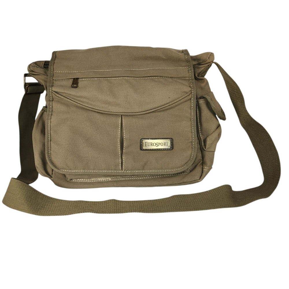 Eurosport Khaki Green Canvas Messenger Bag Tech Laptop Crossbody Multi Pocket
